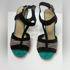 Via Spiga Stylish Black and Teal T-Strap Boho Print Sandals Size 9.5